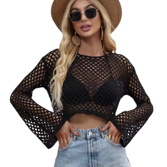 New Black Cropped Crochet Knit Mesh Sweater Top Sz.M Bell Sleeve Grunge Goth Y2K - Picture 1 of 7